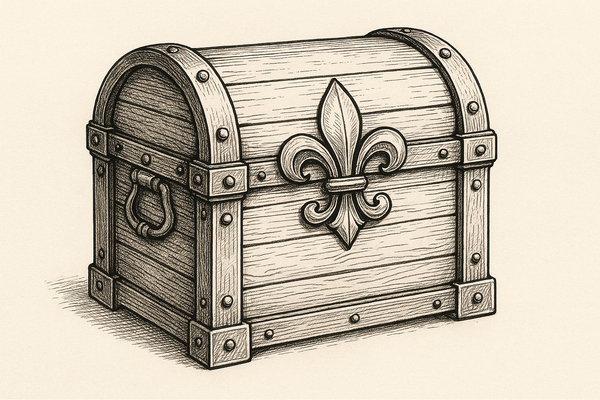 DRAWING OF TREASURE CHEST WITH FLEUR-de-lis on front